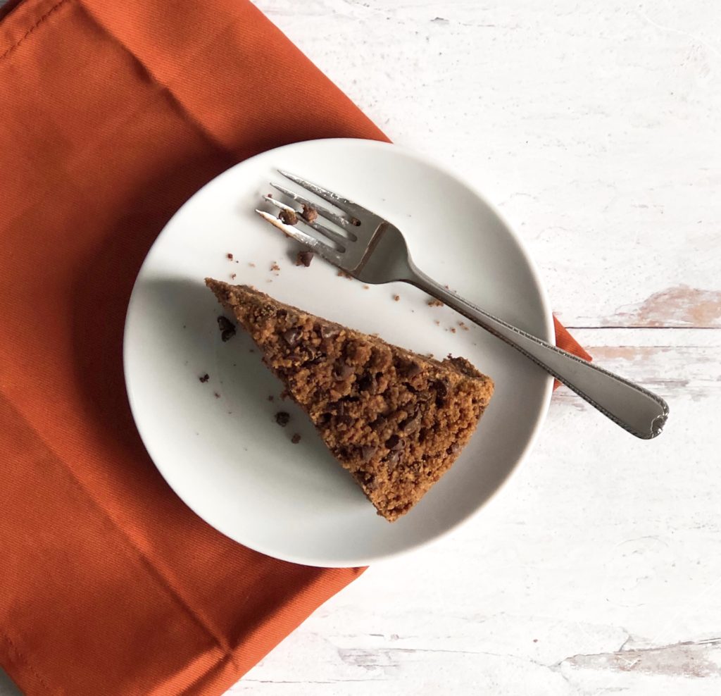 Slice of Double Chocolate Coffee Cake on a small white plate with a fork.