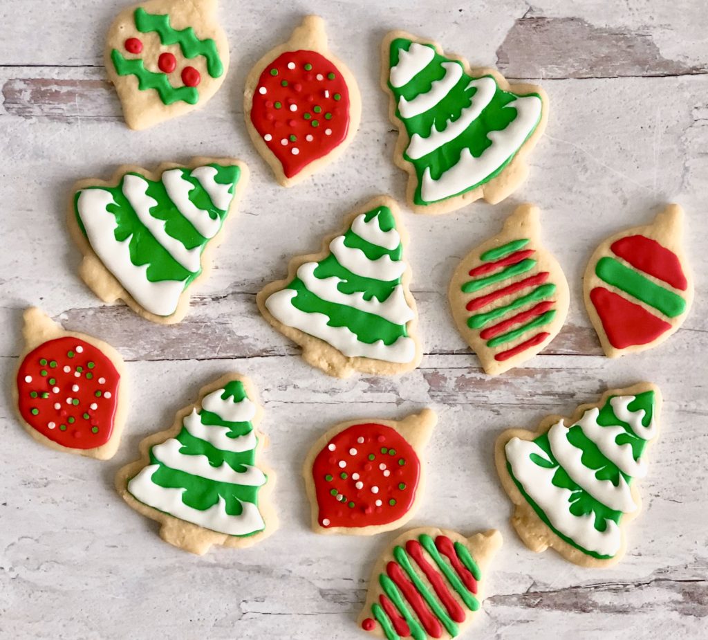 Sugar Cookie Cutout Christmas Trees and ornaments.