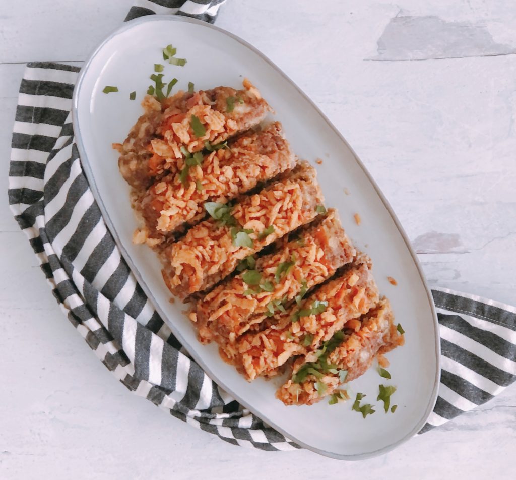 Bacon Cheeseburger Meatloaf on an oval platter.