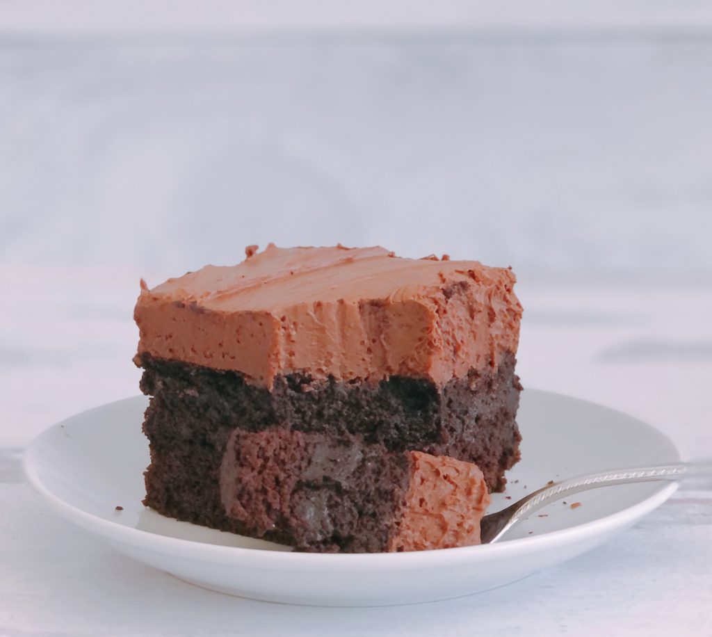 Dark Chocolate Sheet Cake slice on a plate