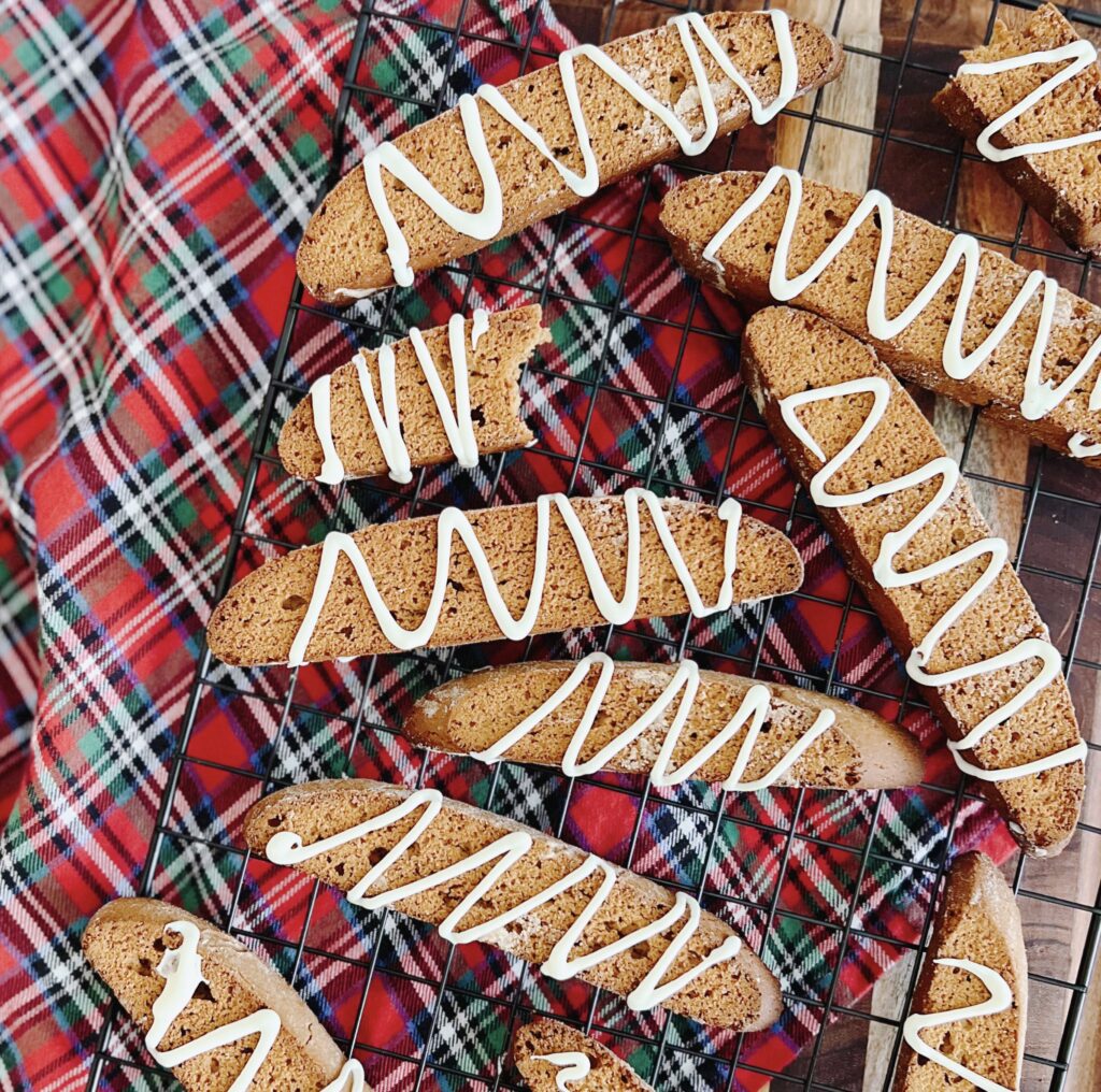 Gingerbread Biscotti drizzled with White Chocolate