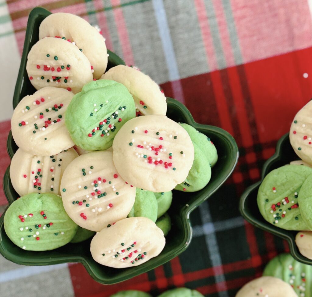 Whipped Shortbread Cookies in Christmas Tree bowl