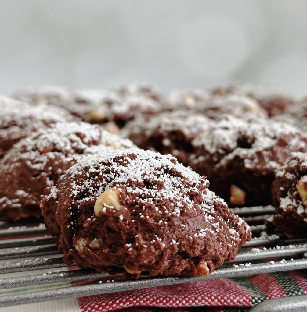 Chocolate Peppermint Gooey Butter Cookies on a wire rack