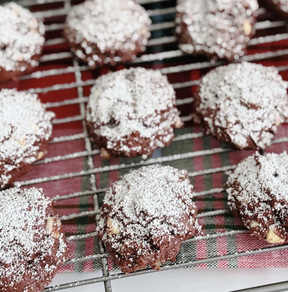 Chocolate Peppermint Gooey Butter Cookies on a wire rack